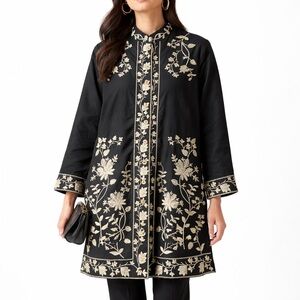 Anne Carson Silk Black Ivory Floral Embroidered Jacket Tunic Boho Folk Size 1X
